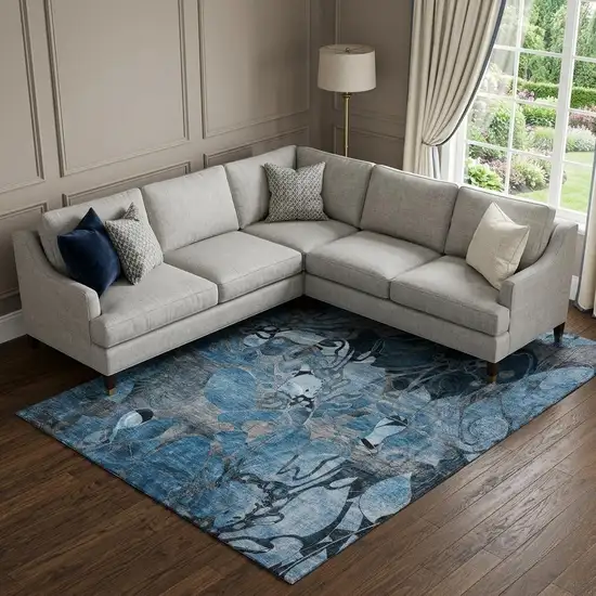 Blue Ivory And Gray Abstract Distressed Washable Area Rug With UV Protection Photo 1