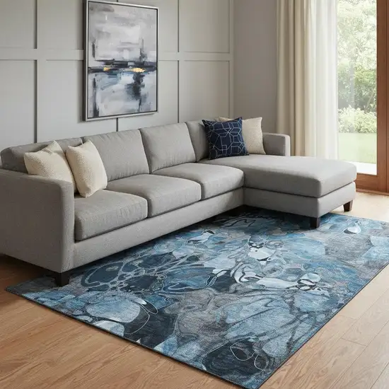 Blue Ivory And Gray Floral Washable Area Rug With UV Protection Photo 1