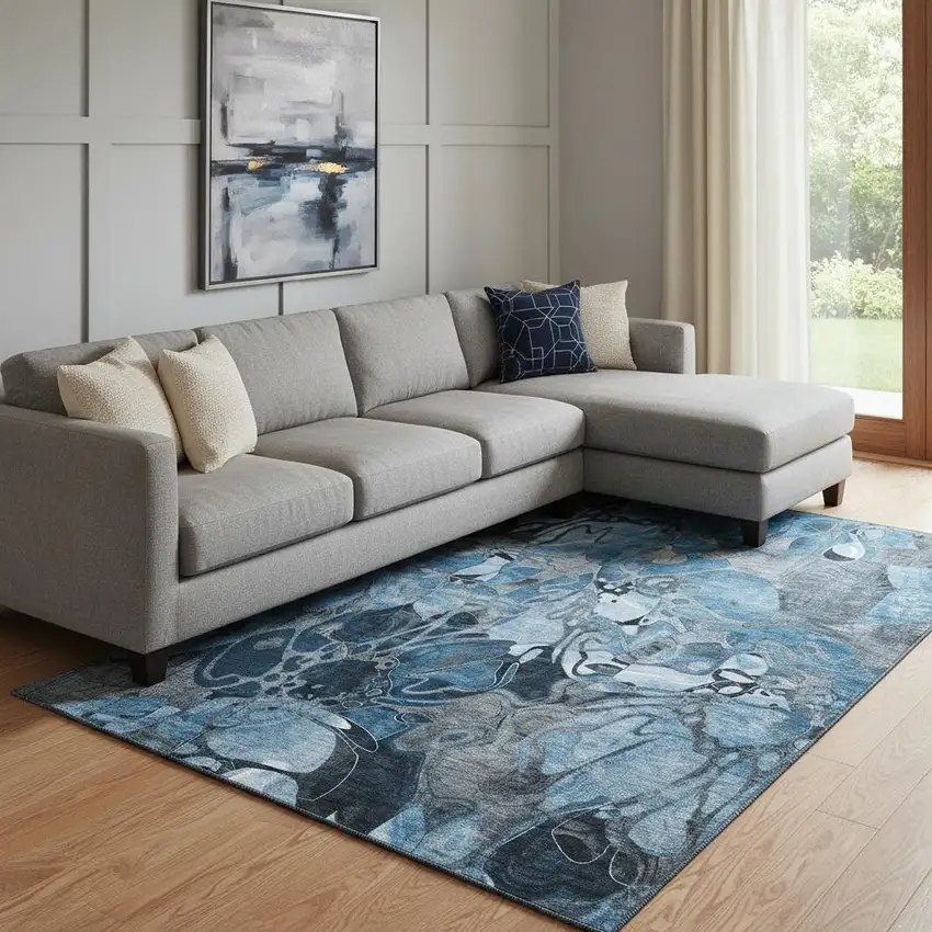 Blue Ivory And Gray Floral Washable Area Rug With UV Protection Photo 1