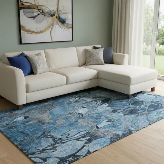 Blue Ivory And Gray Floral Washable Area Rug With UV Protection Photo 1