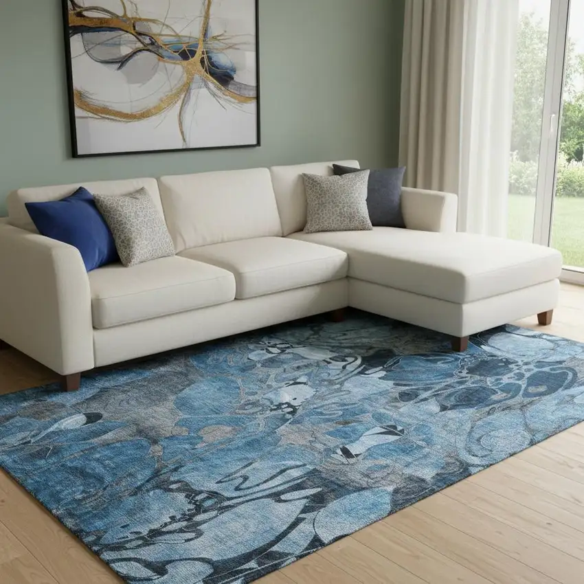 Blue Ivory And Gray Floral Washable Area Rug With UV Protection Photo 1