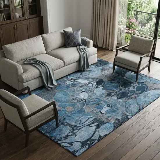 Blue Ivory And Gray Abstract Distressed Washable Area Rug With UV Protection Photo 1