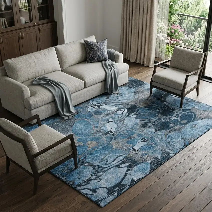 Blue Ivory And Gray Abstract Distressed Washable Area Rug With UV Protection Photo 1