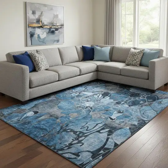 Blue Ivory And Gray Floral Washable Area Rug With UV Protection Photo 1