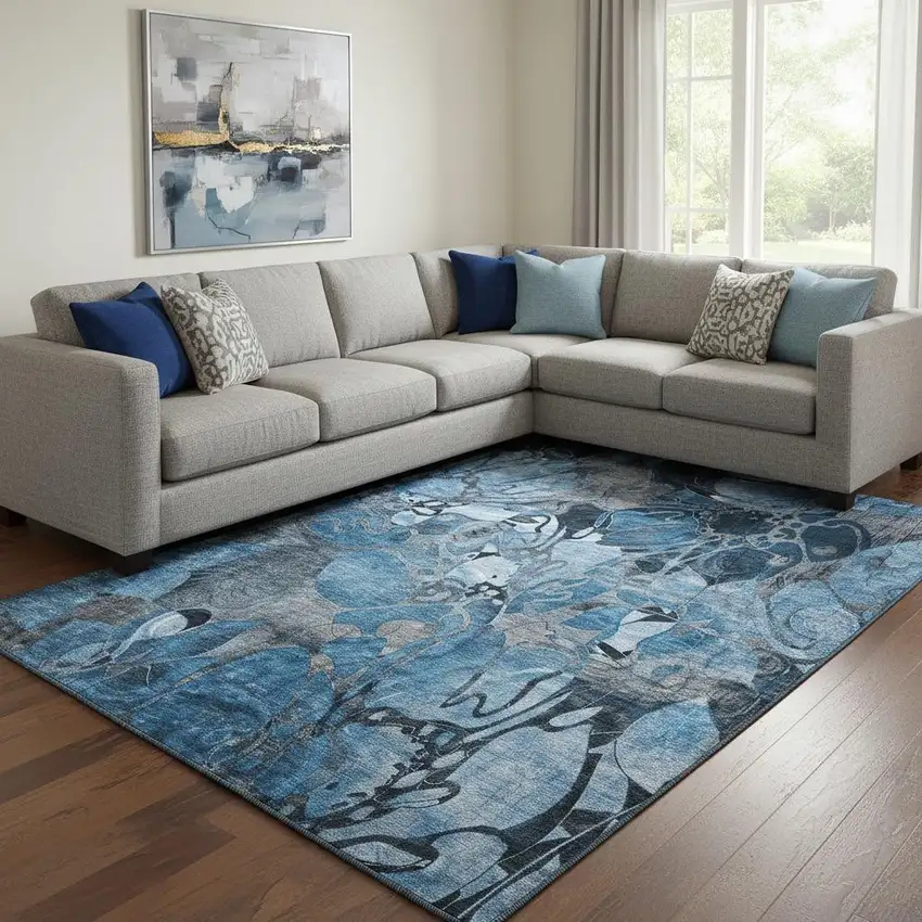 Blue Ivory And Gray Floral Washable Area Rug With UV Protection Photo 1