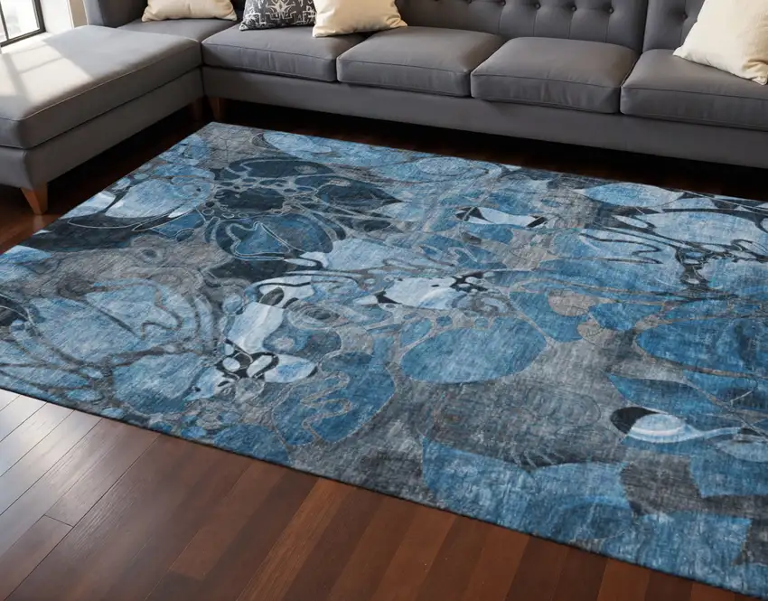 Blue Ivory And Gray Floral Washable Area Rug With UV Protection Photo 2