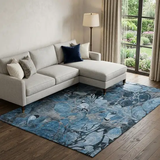 Blue Ivory And Gray Abstract Distressed Washable Area Rug With UV Protection Photo 1