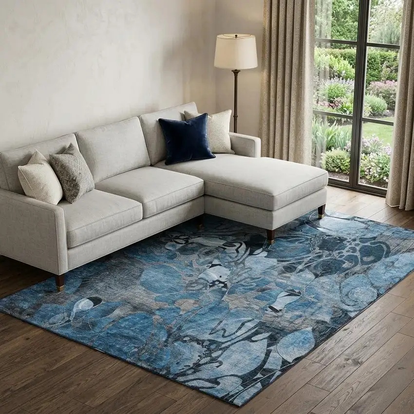 Blue Ivory And Gray Abstract Distressed Washable Area Rug With UV Protection Photo 1