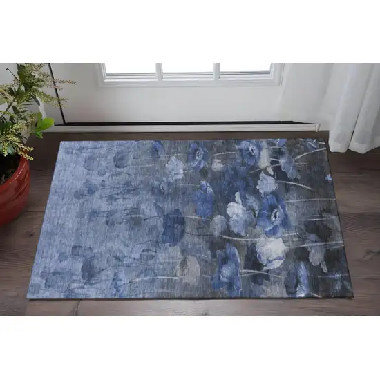 Blue Ivory And Gray Floral Washable Area Rug With UV Protection Photo 2