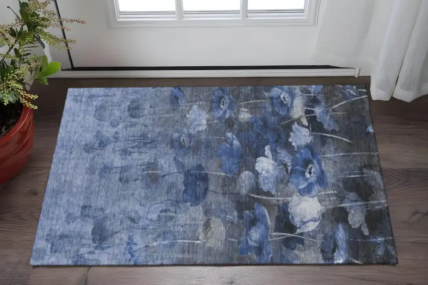 Blue Ivory And Gray Floral Washable Area Rug With UV Protection Photo 2