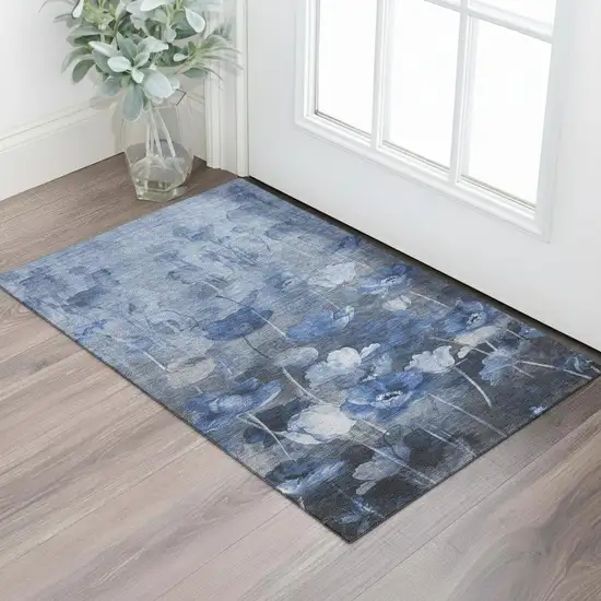Blue Ivory And Gray Floral Washable Area Rug With UV Protection Photo 1