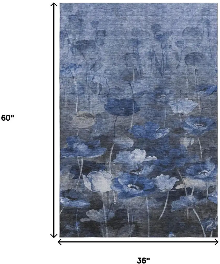 Blue Ivory And Gray Floral Washable Area Rug With UV Protection Photo 5