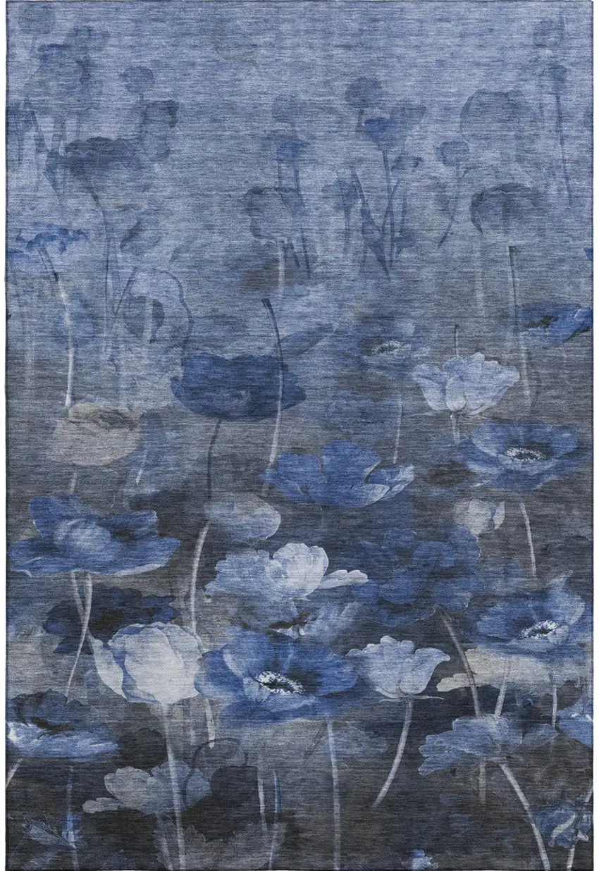 Blue Ivory And Gray Floral Washable Area Rug With UV Protection Photo 1