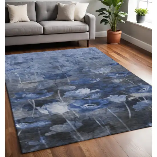 Blue Ivory And Gray Floral Washable Area Rug With UV Protection Photo 2
