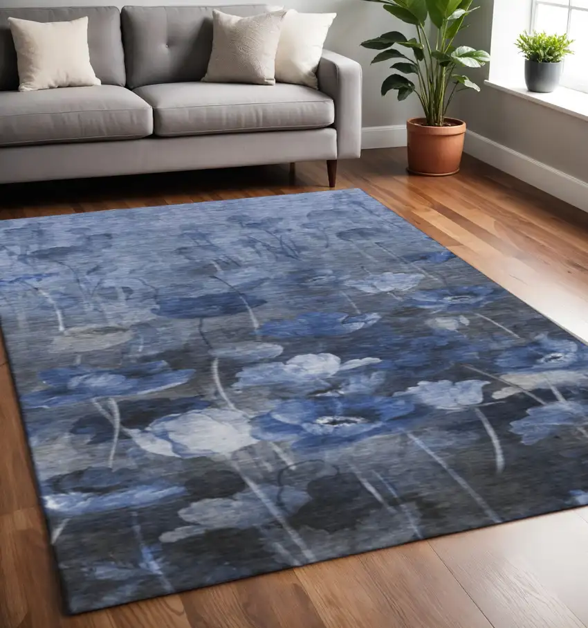 Blue Ivory And Gray Floral Washable Area Rug With UV Protection Photo 2
