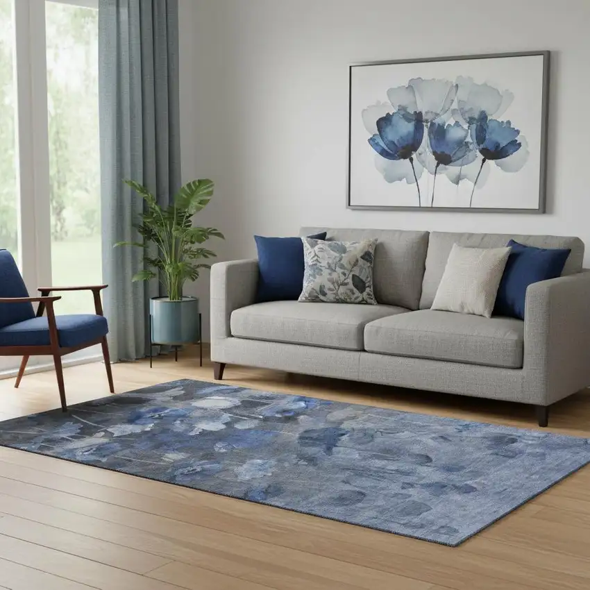 Blue Ivory And Gray Floral Washable Area Rug With UV Protection Photo 1