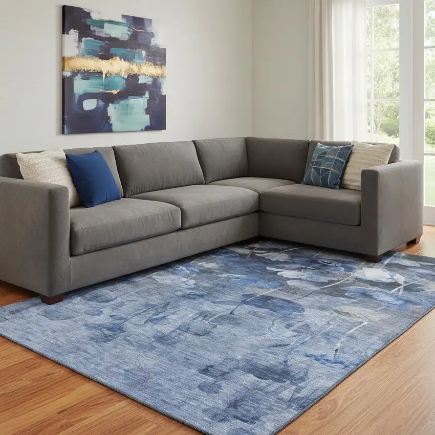 Blue Ivory And Gray Floral Washable Area Rug With UV Protection Photo 1