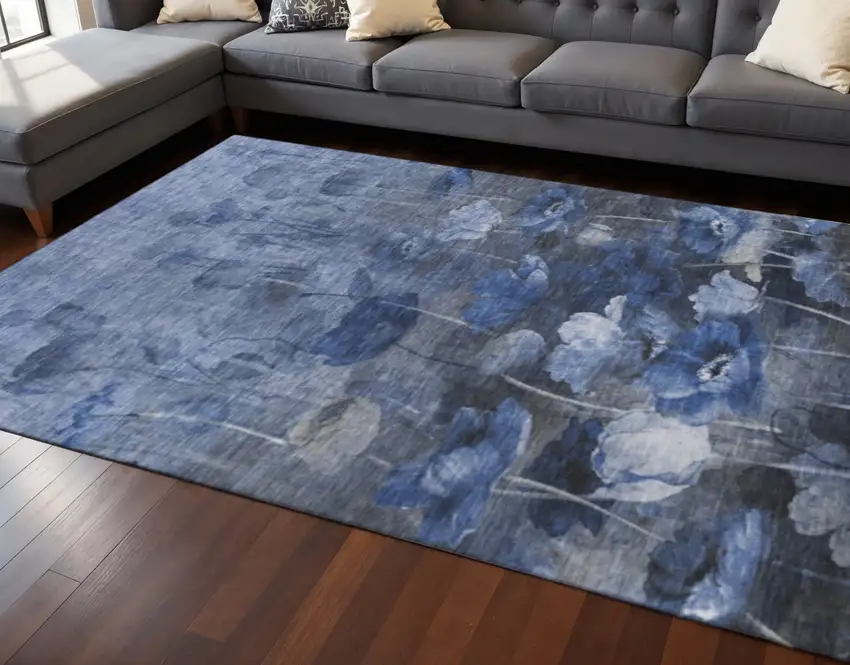 Blue Ivory And Gray Floral Washable Area Rug With UV Protection Photo 2