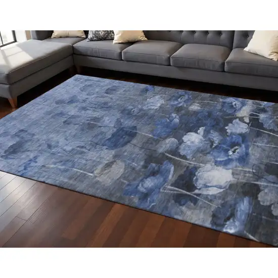 Blue Ivory And Gray Floral Washable Area Rug With UV Protection Photo 2