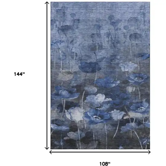 Blue Ivory And Gray Floral Washable Area Rug With UV Protection Photo 9