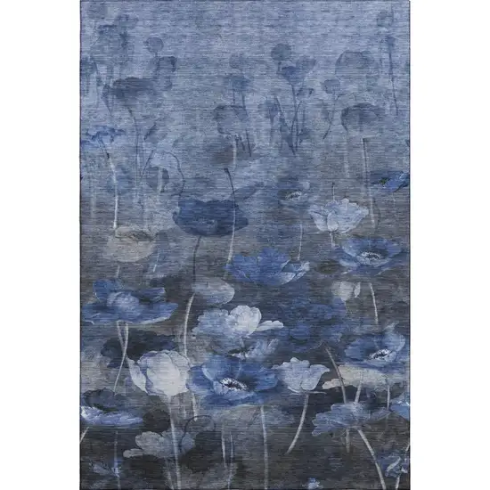 Blue Ivory And Gray Floral Washable Area Rug With UV Protection Photo 1