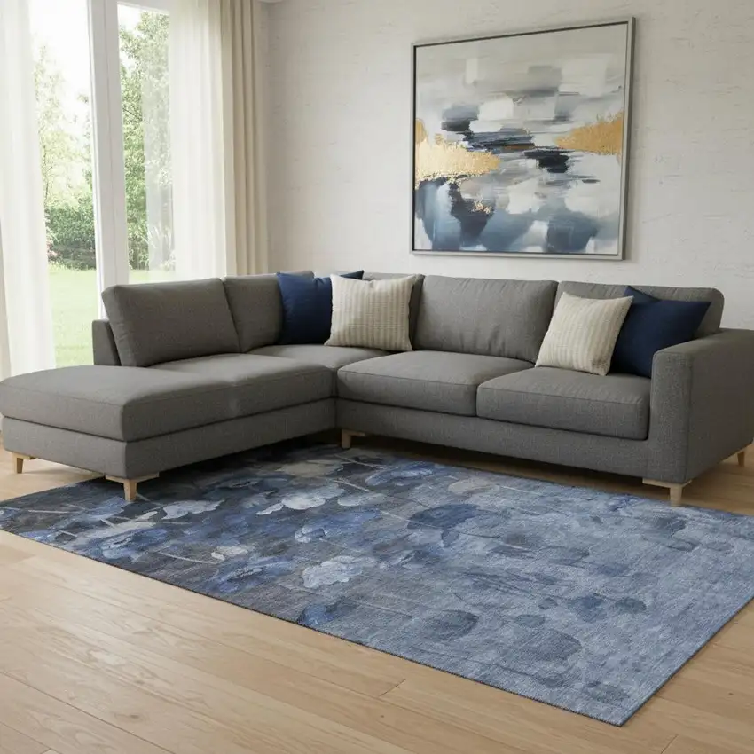 Blue Ivory And Gray Floral Washable Area Rug With UV Protection Photo 1