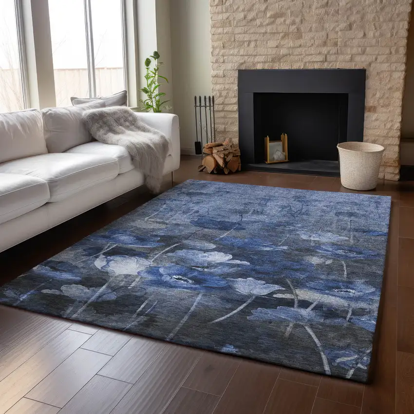 Blue Ivory And Gray Floral Washable Area Rug With UV Protection Photo 4