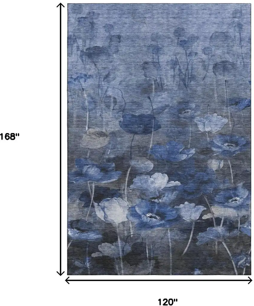 Blue Ivory And Gray Floral Washable Area Rug With UV Protection Photo 5