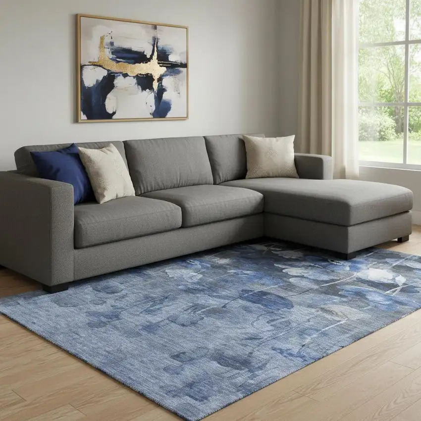 Blue Ivory And Gray Floral Washable Area Rug With UV Protection Photo 1