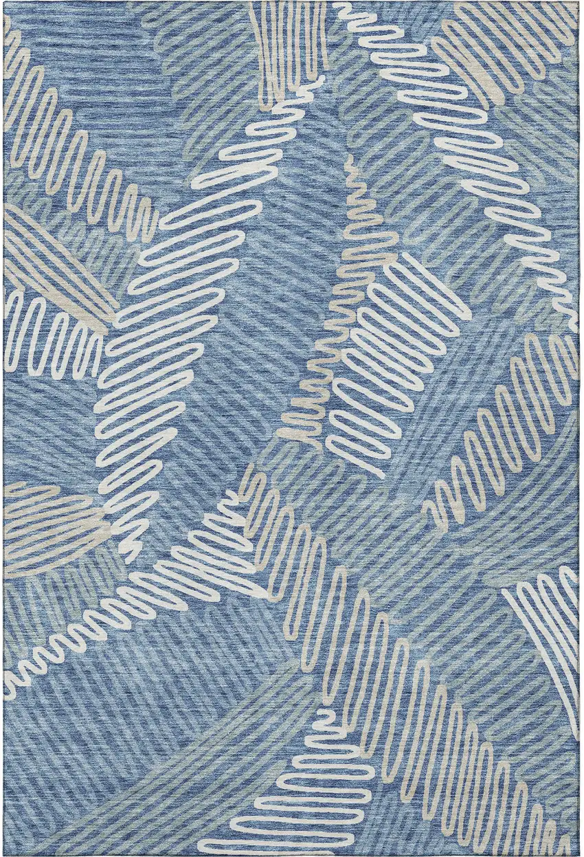 Blue Ivory And Gray Floral Washable Area Rug With UV Protection Photo 4