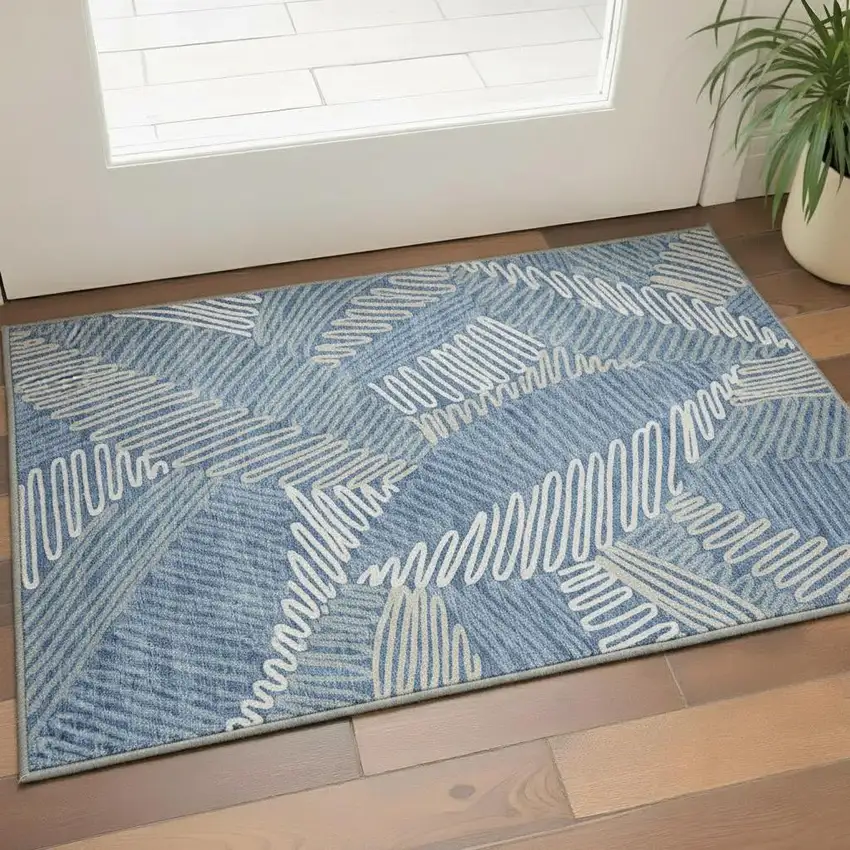 Blue Ivory And Gray Floral Washable Area Rug With UV Protection Photo 2