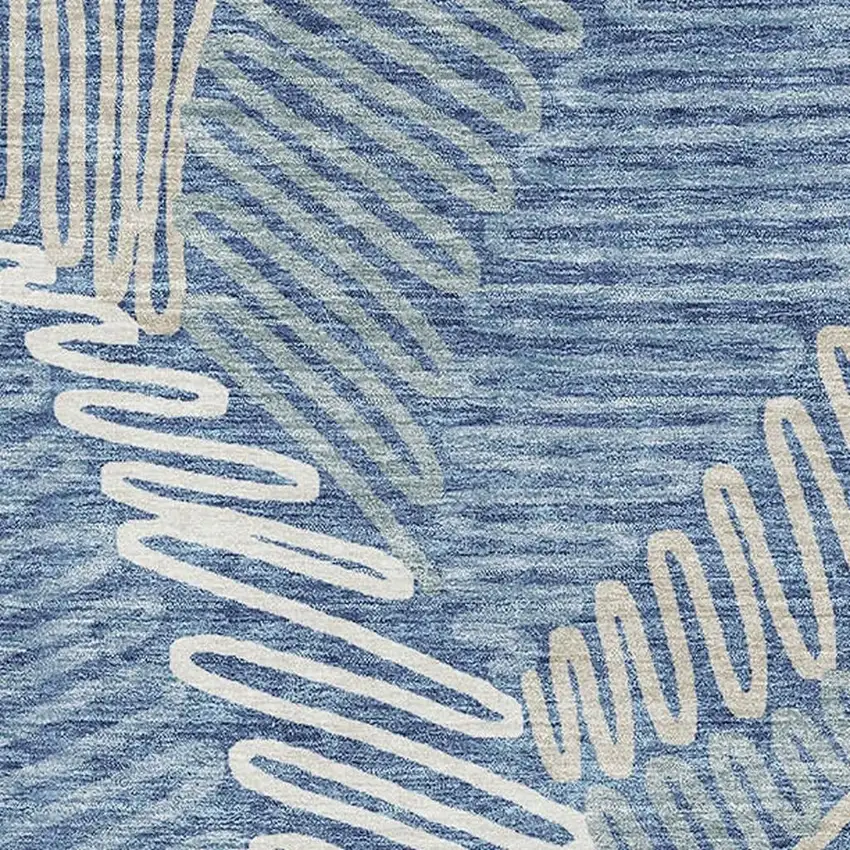 Blue Ivory And Gray Floral Washable Area Rug With UV Protection Photo 3