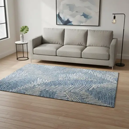 Blue Ivory And Gray Floral Washable Area Rug With UV Protection Photo 2