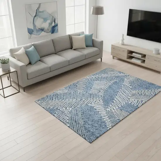 Blue Ivory And Gray Floral Washable Area Rug With UV Protection Photo 2