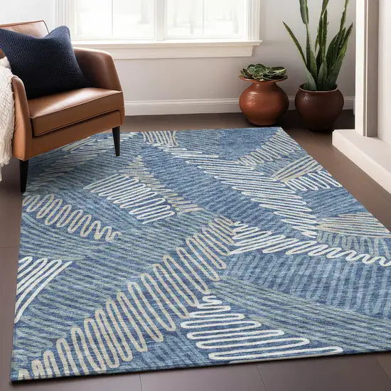 Blue Ivory And Gray Floral Washable Area Rug With UV Protection Photo 5