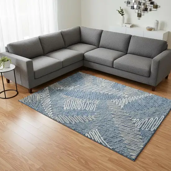 Blue Ivory And Gray Floral Washable Area Rug With UV Protection Photo 2