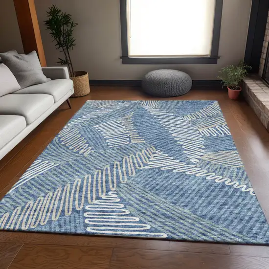 Blue Ivory And Gray Floral Washable Area Rug With UV Protection Photo 5