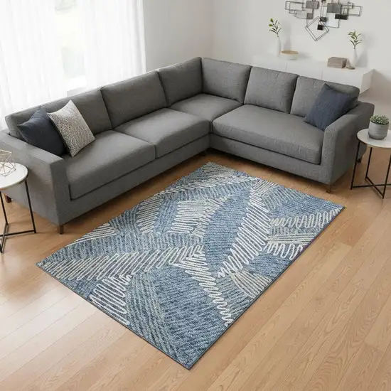 Blue Ivory And Gray Floral Washable Area Rug With UV Protection Photo 2