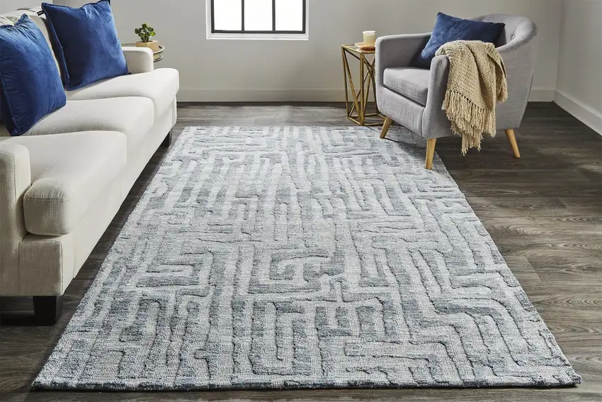 Blue Ivory And Gray Geometric Distressed Stain Resistant Area Rug Photo 6