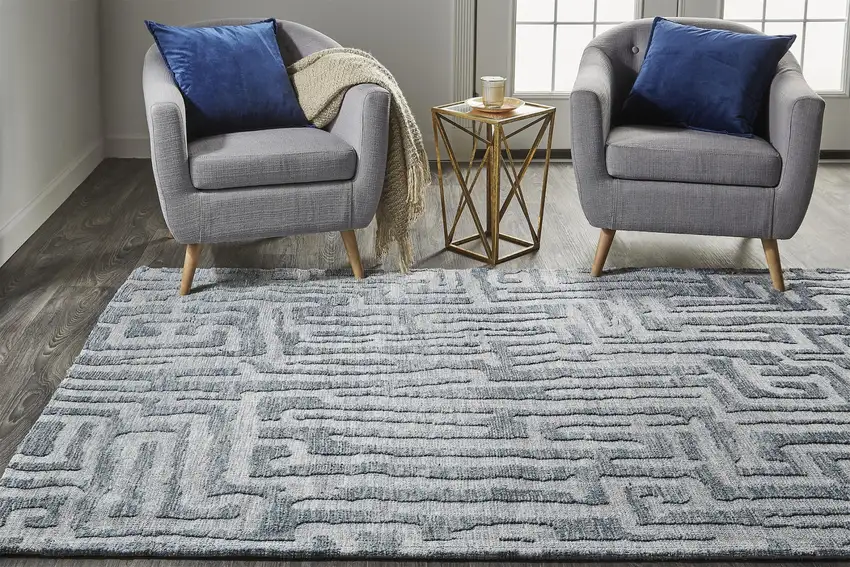 Blue Ivory And Gray Geometric Distressed Stain Resistant Area Rug Photo 5