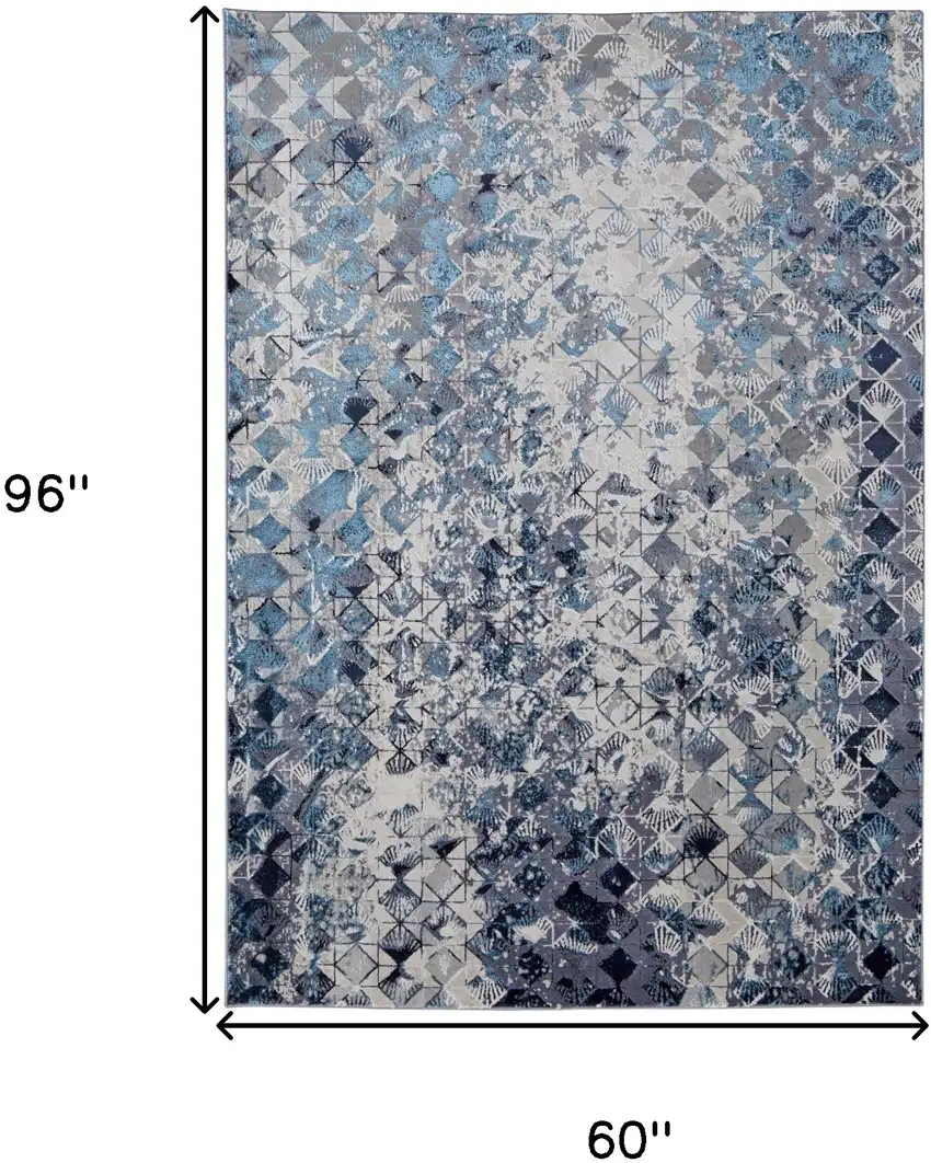Blue Ivory And Gray Geometric Power Loom Distressed Area Rug Photo 4