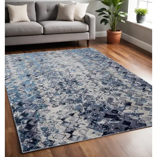 Blue Ivory And Gray Geometric Power Loom Distressed Area Rug Photo 1