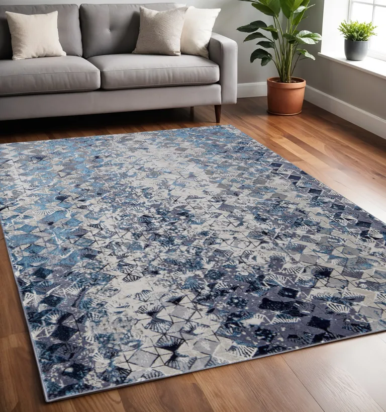 Blue Ivory And Gray Geometric Power Loom Distressed Area Rug Photo 5