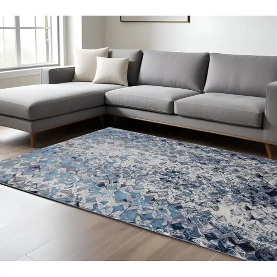Blue Ivory And Gray Geometric Power Loom Distressed Area Rug Photo 2