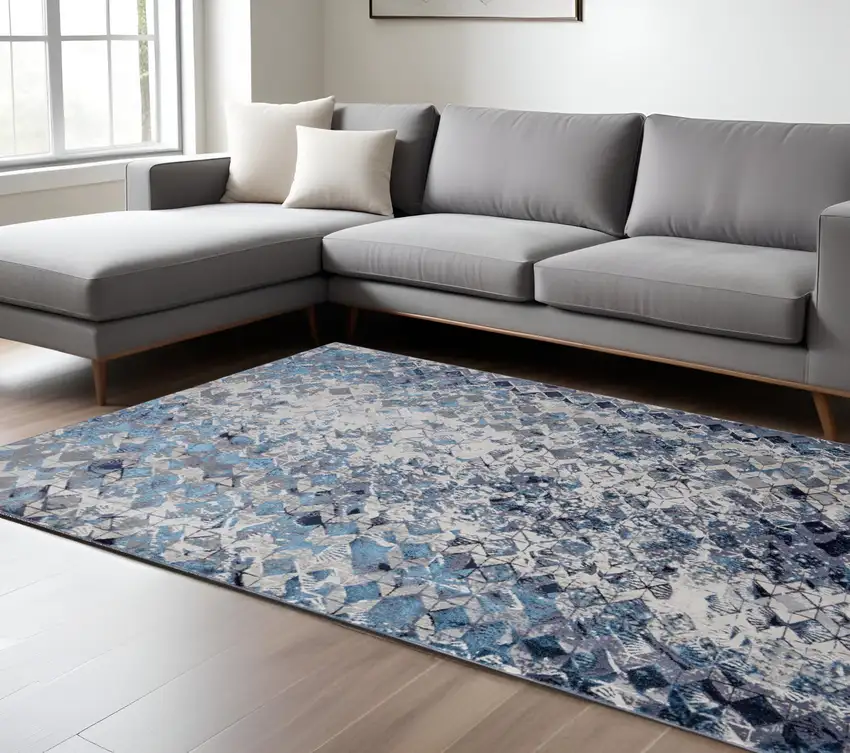 Blue Ivory And Gray Geometric Power Loom Distressed Area Rug Photo 2