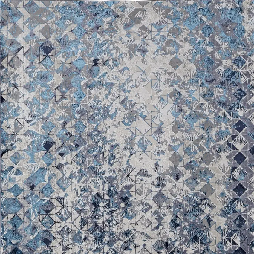 Blue Ivory And Gray Geometric Power Loom Distressed Area Rug Photo 6