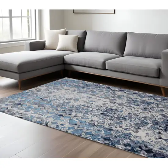 Blue and Ivory Geometric Power Loom Distressed Non Skid Area Rug Photo 1