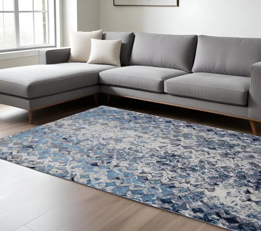 Blue and Ivory Geometric Power Loom Distressed Non Skid Area Rug Photo 1