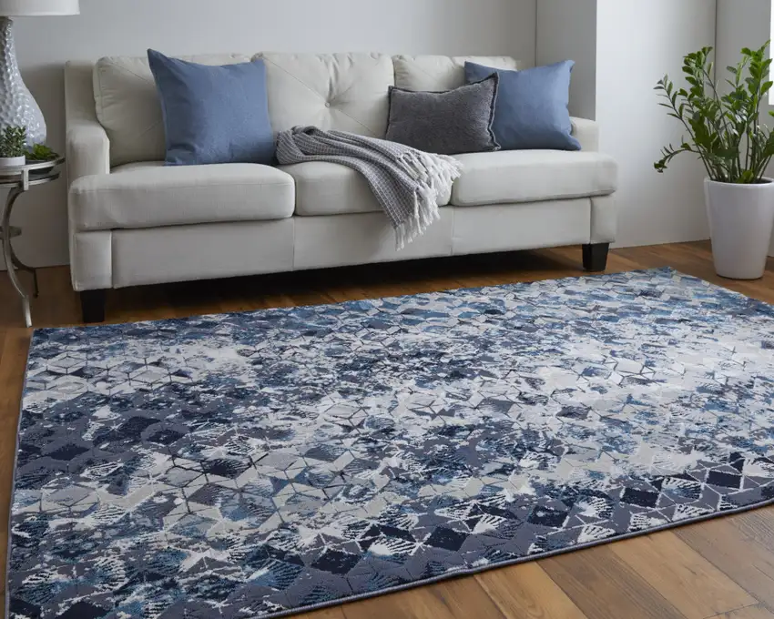 Blue Ivory And Gray Geometric Power Loom Distressed Area Rug Photo 7