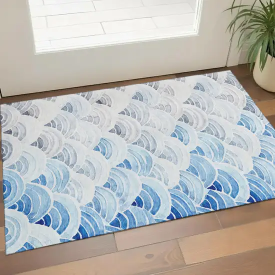 Blue Ivory And Gray Geometric Washable Area Rug With UV Protection Photo 1